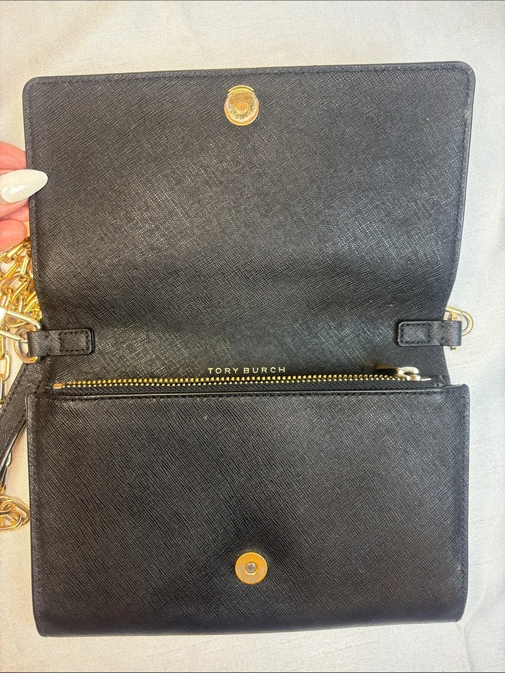 Tory Burch Black Saffiano Leather Crossbody with Gold Chain Strap